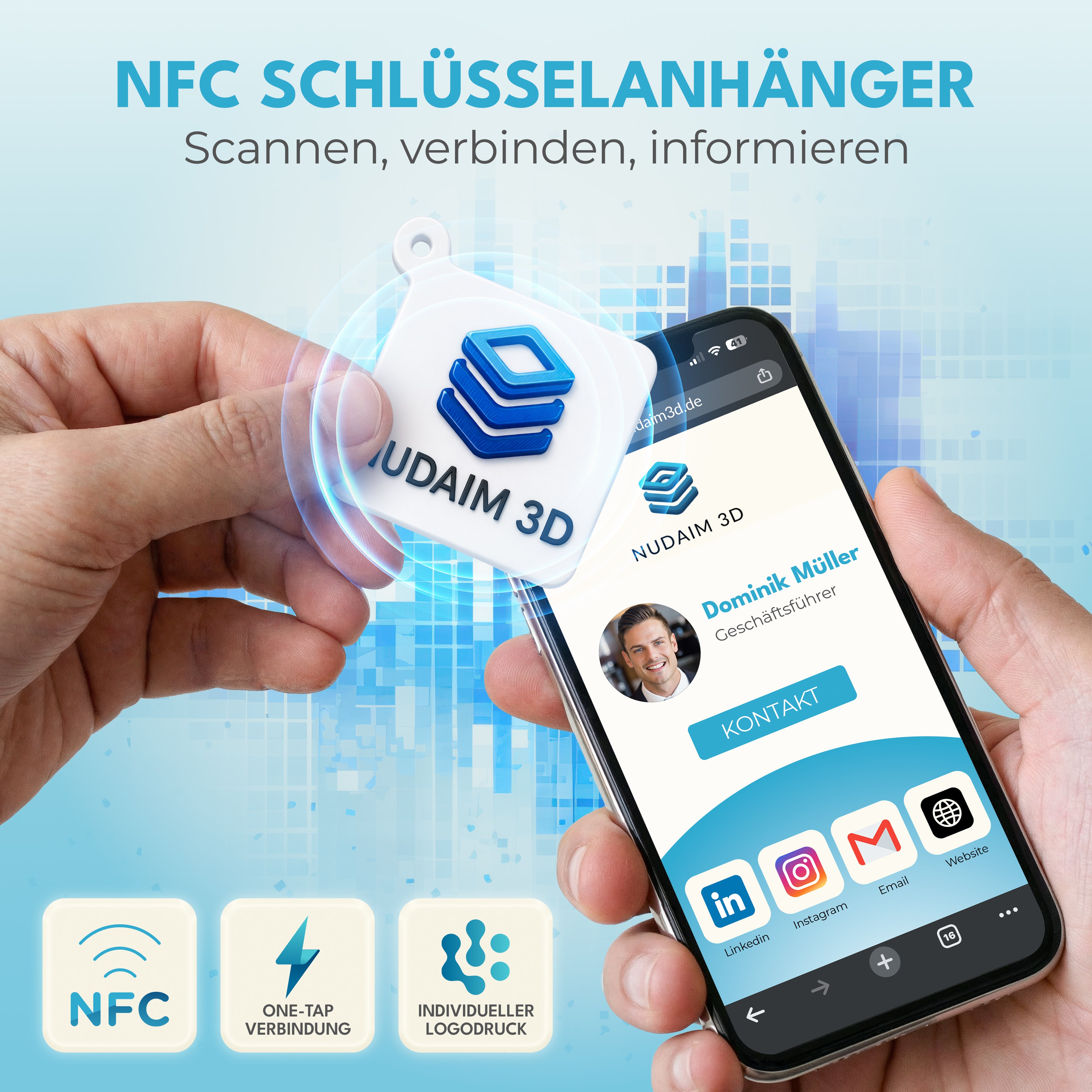 Nudaim3D NFC - Schlüsselanhänger|Digitale Visitenkarte, NFC - Tag, RFID - Badge|NTAG Chip, wartungsfrei|45 x 45 mm, PLA rec ycelbar, wasserfest|Für Messen, Events, Networking|3D - Druck