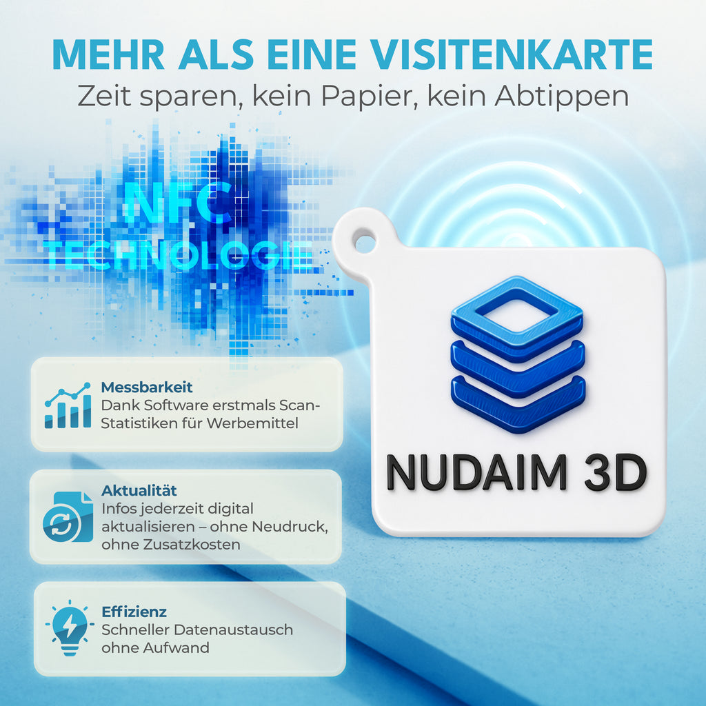 Nudaim3D NFC - Schlüsselanhänger|Digitale Visitenkarte, NFC - Tag, RFID - Badge|NTAG Chip, wartungsfrei|45 x 45 mm, PLA rec ycelbar, wasserfest|Für Messen, Events, Networking|3D - Druck