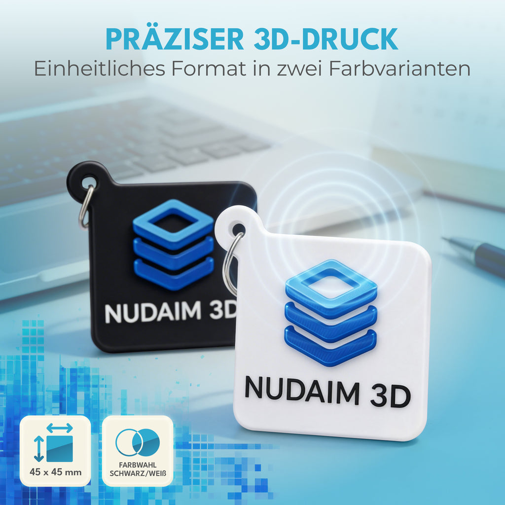 Nudaim3D NFC - Schlüsselanhänger|Digitale Visitenkarte, NFC - Tag, RFID - Badge|NTAG Chip, wartungsfrei|45 x 45 mm, PLA rec ycelbar, wasserfest|Für Messen, Events, Networking|3D - Druck
